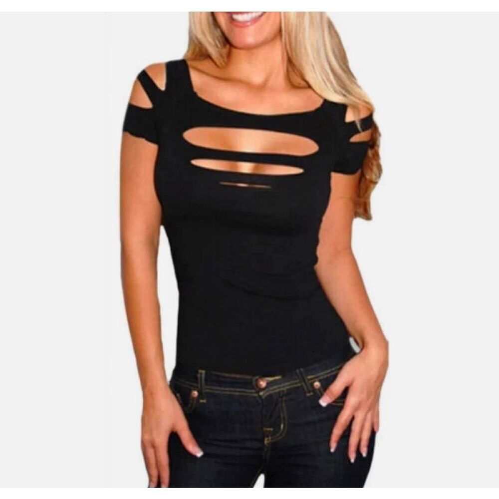 🔸️NWOT Blue Shredded Cutout Short Sleeve Top Large